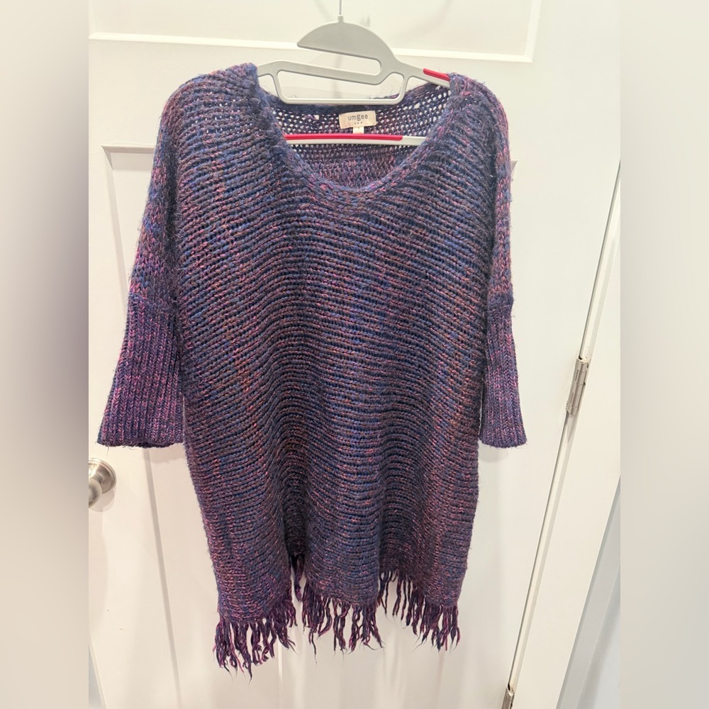 Umgee Boho Knit Poncho Sweater Fringe Purple Blue Small